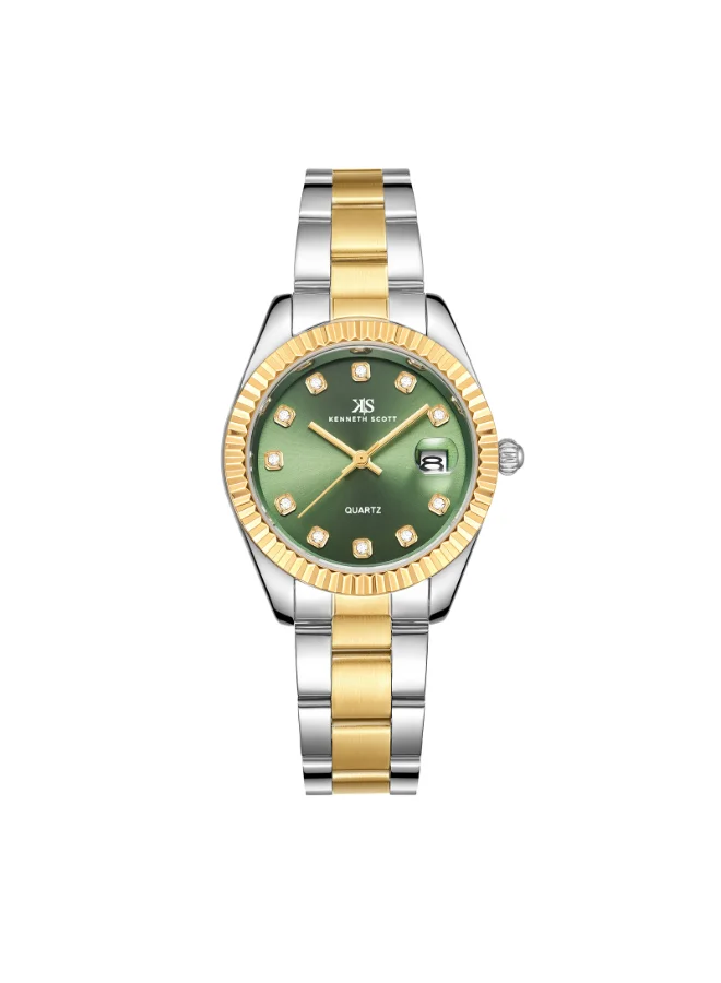 كينيث سكوت ساعة كينيث سكوت نسائية بحركة  وشاشة تناظرية وسوار من الفولاذ المقاوم للصدأ بلون ذهبي مزدوج